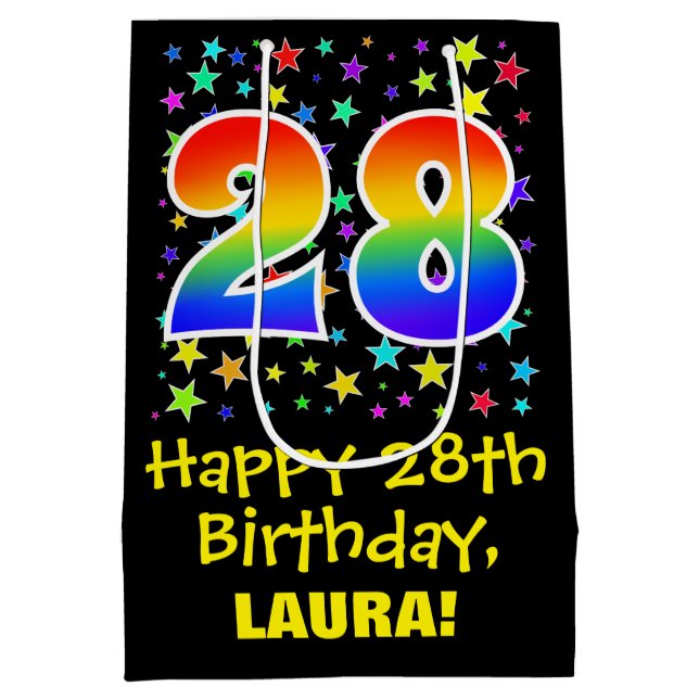 28th Birthday: Colourful Stars Pattern & Rainbow 2 Medium Gift Bag (Back)
