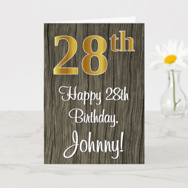 28th Birthday: Elegant Faux Gold Look #, Faux Wood Card (Small Plant)