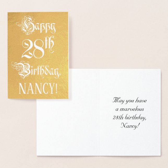 28th Birthday: Elegant, Ornate Script; Custom Name Foil Card (Display)