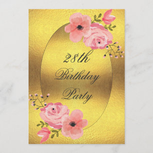 28th Birthday Faux Gold Foil Watercolor Flowers Invitation