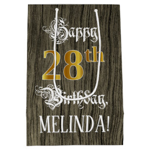 28th Birthday: Faux Gold Look & Faux Wood Pattern Medium Gift Bag
