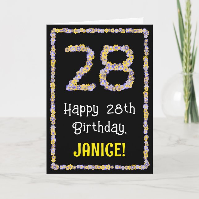 28th Birthday: Floral Flowers Number, Custom Name Card (Front)