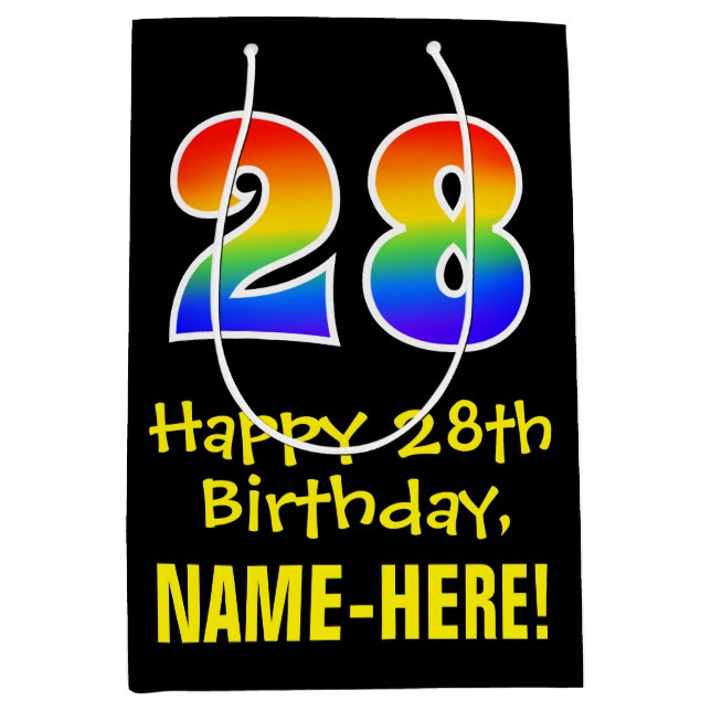 28th Birthday: Fun, Bold, Colourful, Rainbow "28" Medium Gift Bag (Front)