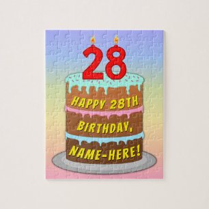 28th Birthday: Fun Cake and Candles + Custom Name Jigsaw Puzzle