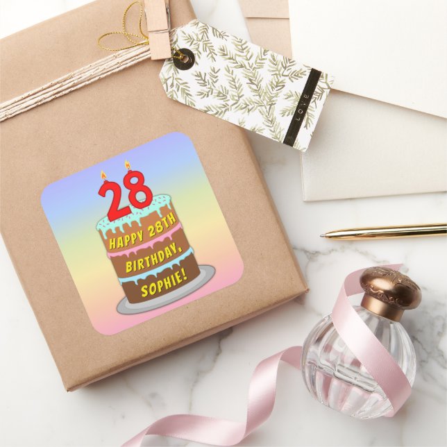 28th Birthday: Fun Cake and Candles + Custom Name Square Sticker (Gifting)