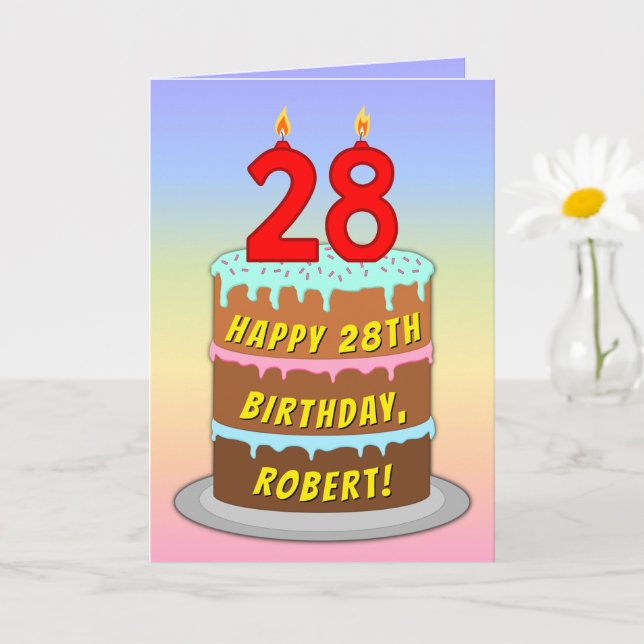 28th Birthday — Fun Cake & Candles, w/ Custom Name Card (Small Plant)