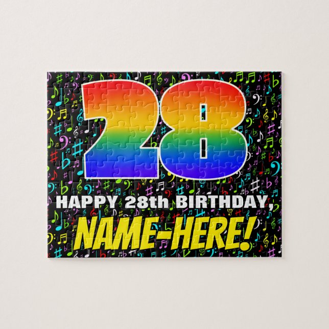 28th Birthday — Fun, Colourful Music Symbols & “28 Jigsaw Puzzle (Horizontal)