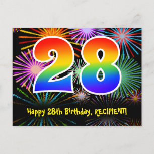 28th Birthday – Fun Fireworks Pattern + Rainbow 28 Postcard