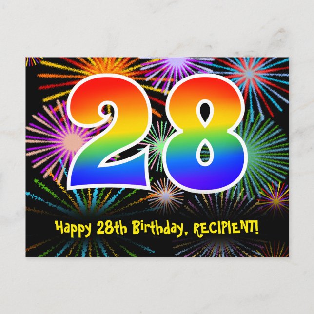 28th Birthday – Fun Fireworks Pattern + Rainbow 28 Postcard (Front)