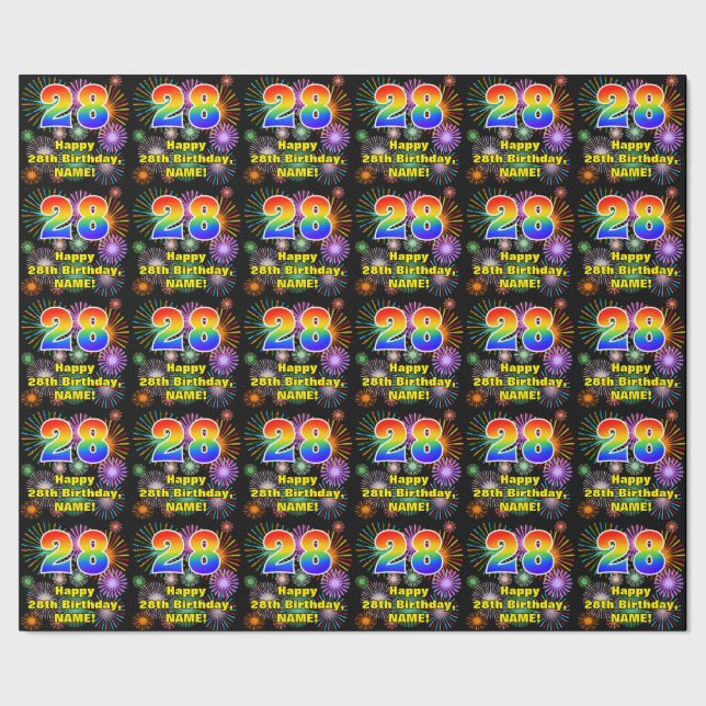 28th Birthday: Fun Fireworks, Rainbow Look # “28” Wrapping Paper (Seam)