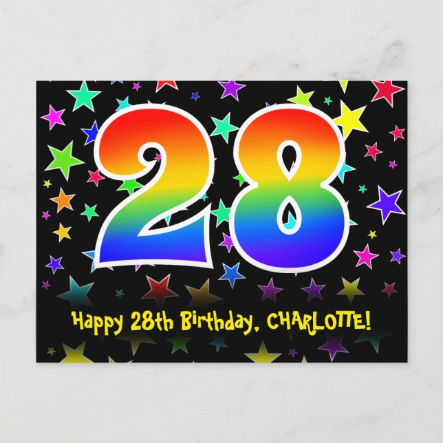 28th Birthday: Fun Stars Pattern, Rainbow 28, Name Postcard (Front)