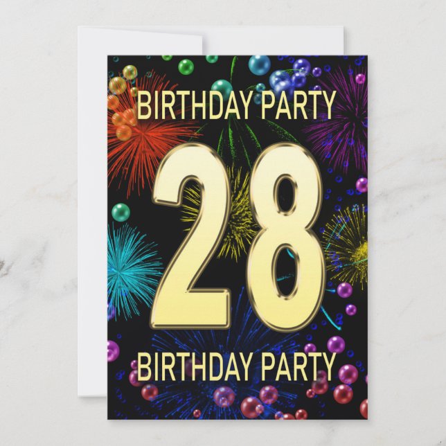 28th Birthday Party Invitation Fireworks Bubbles (Front)