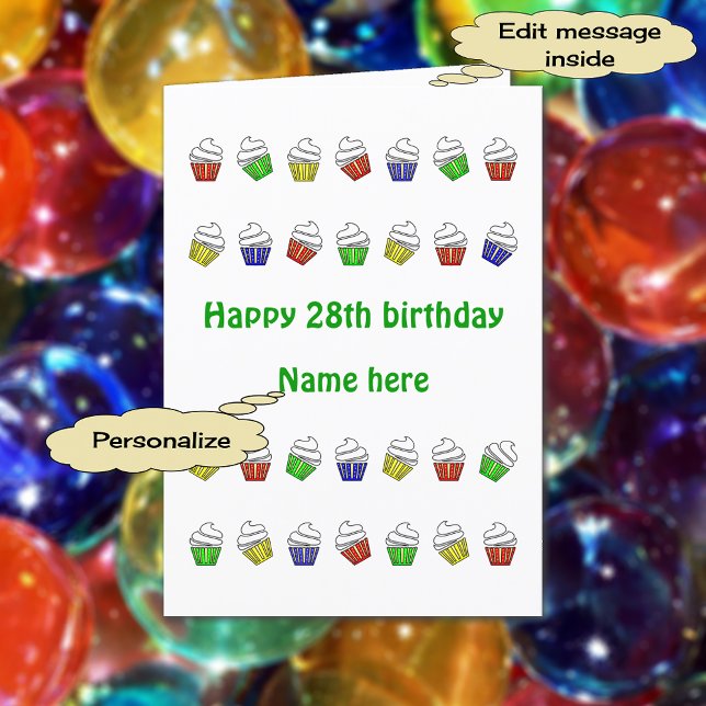 28th birthday personalised cupcakes card (Count the cupcakes!)