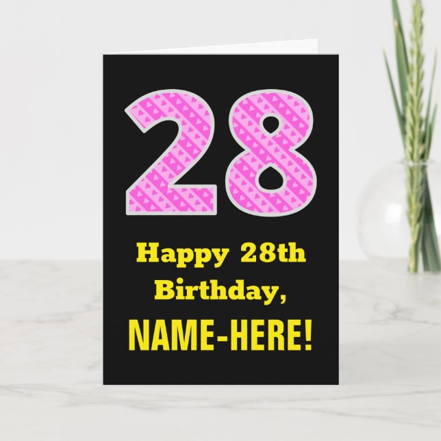 28th Birthday: Pink Stripes and Hearts "28" + Name Card (Front)