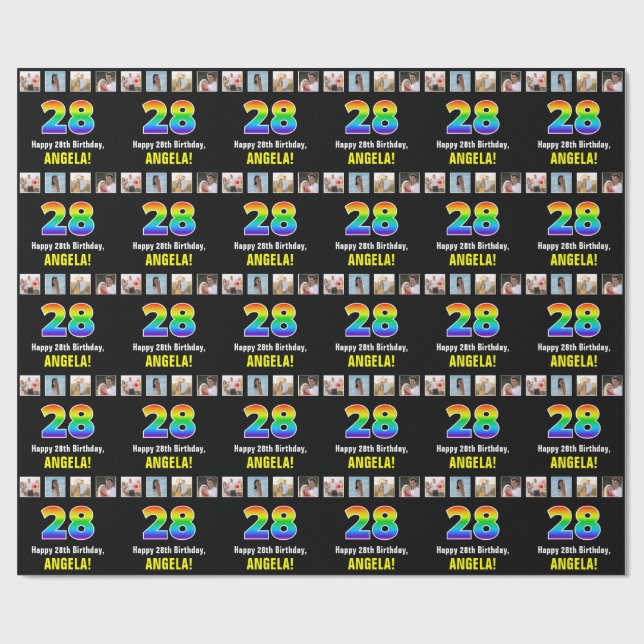 28th Birthday: Rainbow “28“; Custom Photos & Name Wrapping Paper (Flat)
