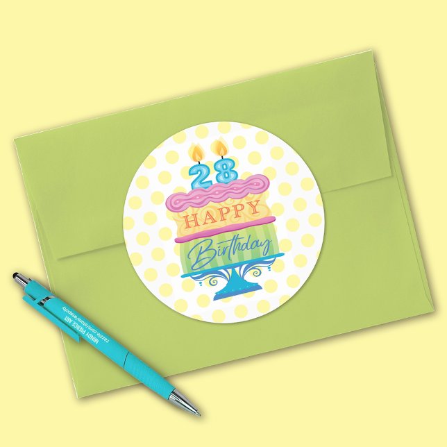 28th Happy Birthday Cake Yellow Dots Classic Round Sticker (Creator Uploaded)