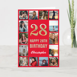 28th Happy Birthday Red and Gold Photo Collage Card