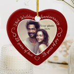 28th Wedding Anniversary Photo Ceramic Tree Decoration<br><div class="desc">Celebrate a 28th happy year of marriage with a custom photo ornament in a delightful heart shape frame. Simply upload your own photo of the married couple and it will appear in the cutout. The deep red surround features a white script font and decorations. The words are: 28th Wedding Anniversary...</div>