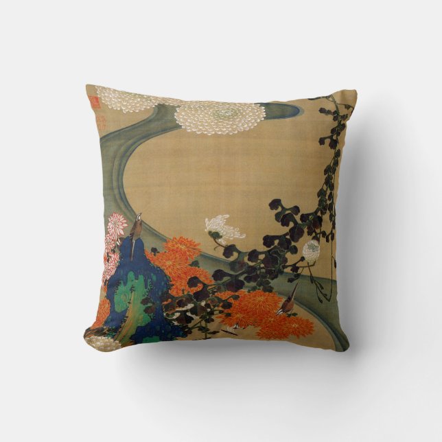 29. 菊花流水図, 若冲 Chrysanthemum & Stream, Jakuchū Cushion (Front)