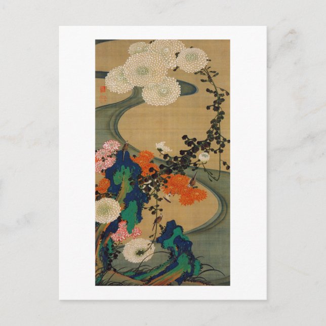 29. 菊花流水図, 若冲 Chrysanthemum & Stream, Jakuchū Postcard (Front)