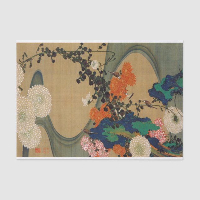 29. 菊花流水図, 若冲 Chrysanthemum & Stream, Jakuchū Tissue Paper (Front)