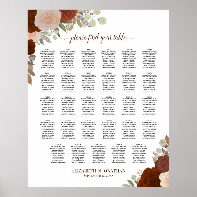 29 Table Autumn Floral Boho Wedding Seating Chart (Front)