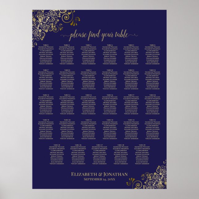 29 Table Wedding Seating Chart Navy Blue & Gold (Front)