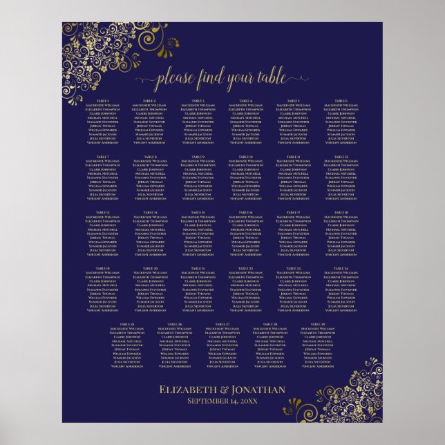 29 Table Wedding Seating Chart Navy Blue & Gold (Front)
