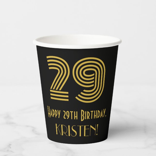 29th Birthday: Art Deco Inspired Look “29” & Name Paper Cups (Front)