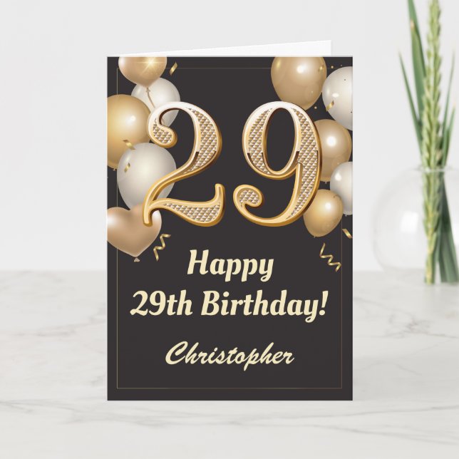 29th Birthday Black and Gold Balloons Confetti Card (Front)