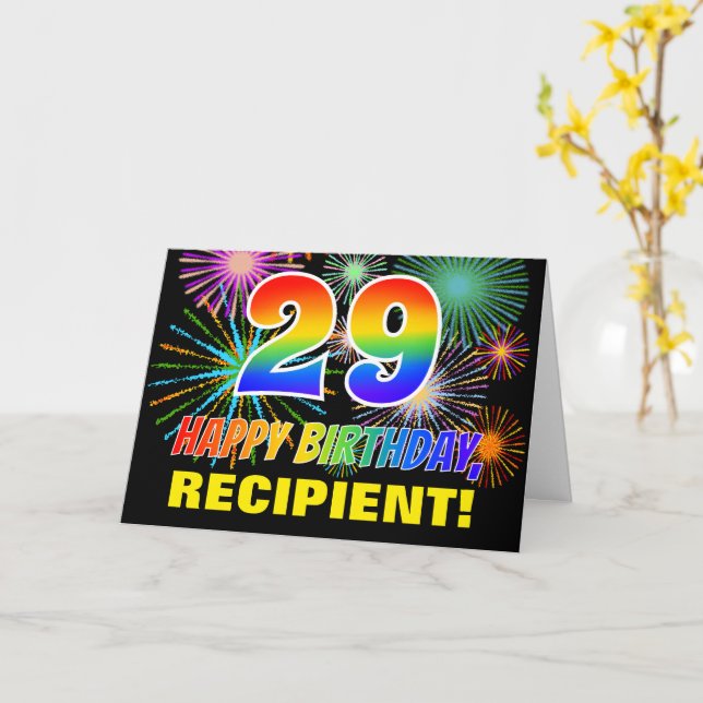 29th Birthday: Bold, Fun, Fireworks, Rainbow 29 Card (Yellow Flower)