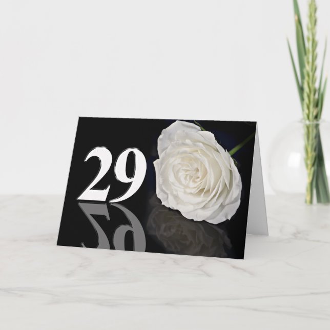 29th Birthday Card with a classic white rose (Front)