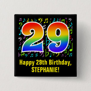 29th Birthday: Colourful Music Symbols, Rainbow 29 15 Cm Square Badge