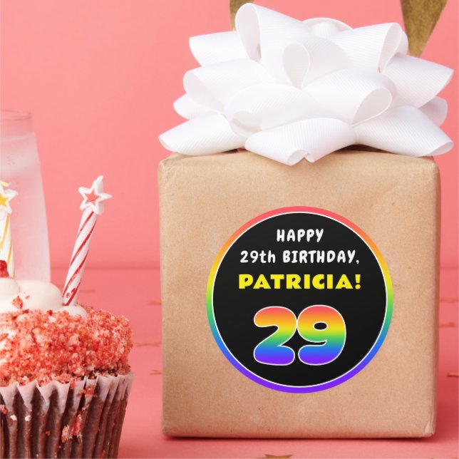 29th Birthday: Colourful Rainbow # 29, Custom Name Classic Round Sticker (Party)