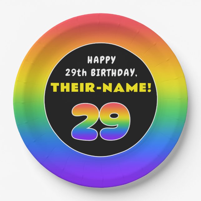 29th Birthday: Colourful Rainbow # 29, Custom Name Paper Plate (Front)