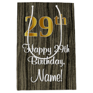 29th Birthday: Elegant Faux Gold Look #, Faux Wood Medium Gift Bag