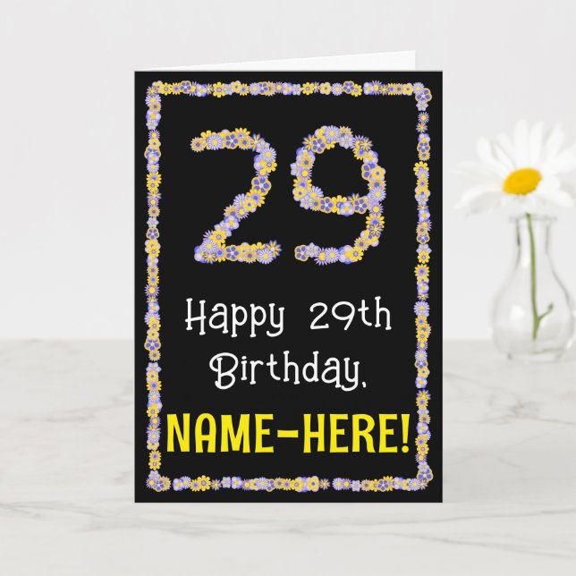 29th Birthday: Floral Flowers Number, Custom Name Card (Small Plant)