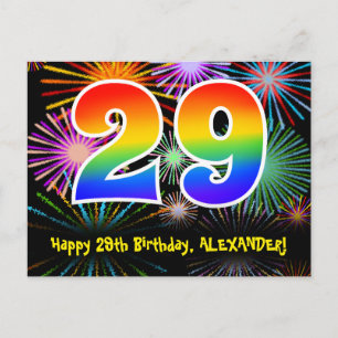29th Birthday – Fun Fireworks Pattern + Rainbow 29 Postcard