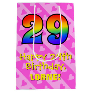 29th Birthday: Fun Pink Hearts Stripes; Rainbow 29 Medium Gift Bag