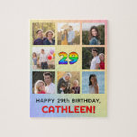 29th Birthday: Fun Rainbow #, Custom Name & Photos Jigsaw Puzzle<br><div class="desc">This fun and cheerful birthday-themed jigsaw puzzle design features the number “29“ having a multicolored rainbow spectrum inspired gradient pattern, along with the message “HAPPY 29th BIRTHDAY, ” and a customisable recipient name. The background also features a rainbow spectrum inspired gradient pattern, made up of various shades of light pastel...</div>