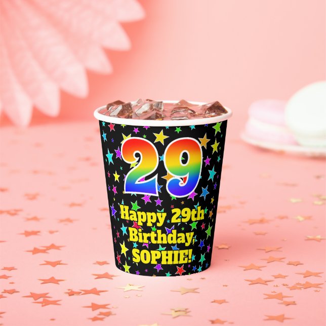 29th Birthday: Fun Stars Pattern and Rainbow 29 Paper Cups (Insitu)