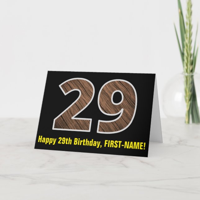 29th Birthday: Name + Faux Wood Grain Pattern "29" Card (Front)
