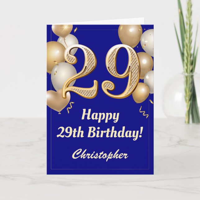 29th Birthday Navy Blue and Gold Balloons Confetti Card (Front)