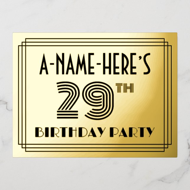 29th Birthday Party ~ Art Deco Style “29” + Name Foil Invitation Postcard (Front)