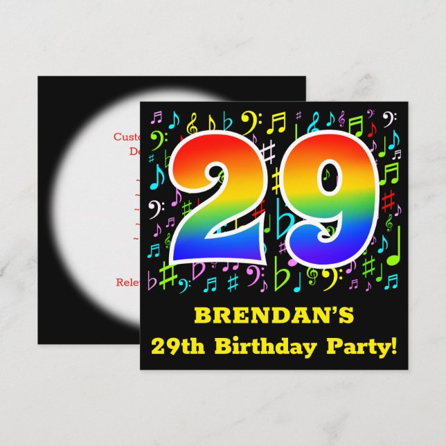 29th Birthday Party: Fun Music Symbols, Rainbow 29 Invitation (Front/Back)
