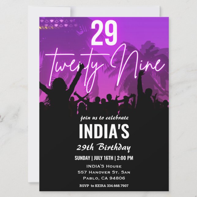 29th Birthday Party Pink Neon Invitation (Front)