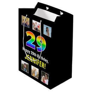 29th Birthday: Rainbow “29“, Custom Photos & Name Medium Gift Bag