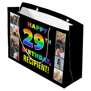 29th Birthday: Rainbow Text, Custom Photos & Name Large Gift Bag