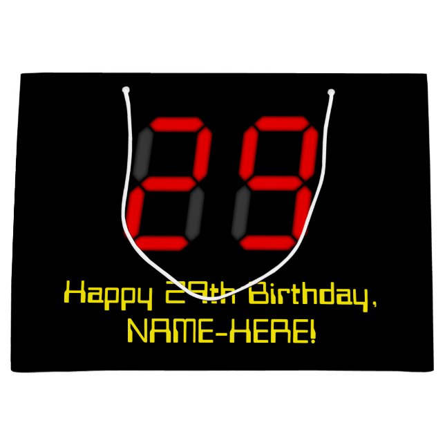 29th Birthday: Red Digital Clock Style "29" + Name Large Gift Bag (Front)