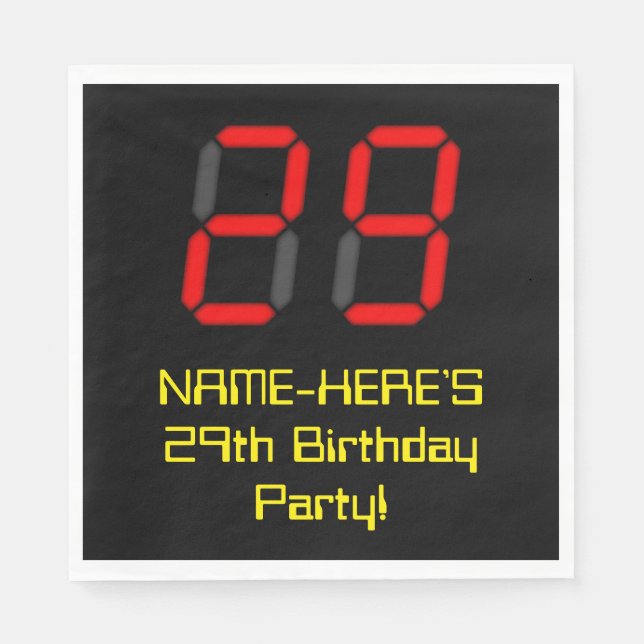 29th Birthday: Red Digital Clock Style "29" + Name Napkin (Front)